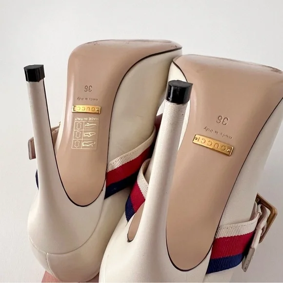 GUCCI | Sylvie Web Stripe Buckle White Leather Pumps EU 36 - Picture 16 of 16